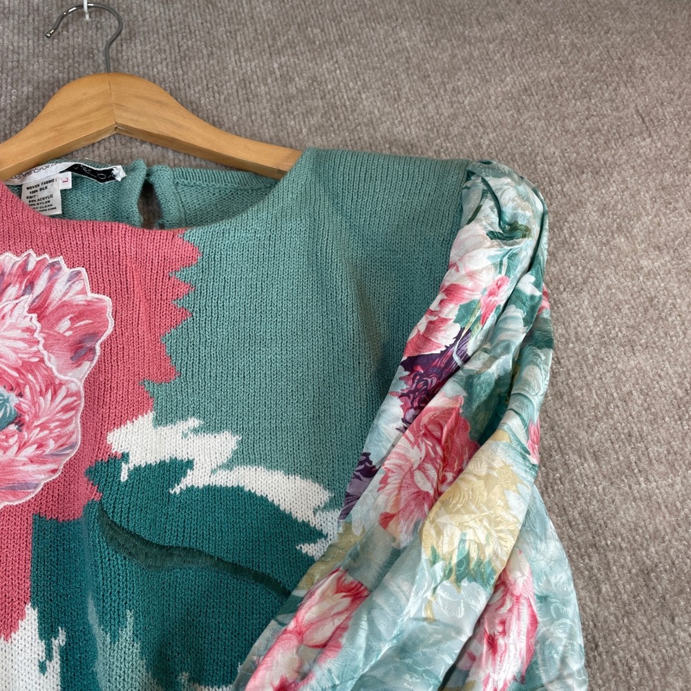 Anne Crimmins Umi Collections Sweater Floral Puff‎ Sleeve Knit Aqua Pink Sz L